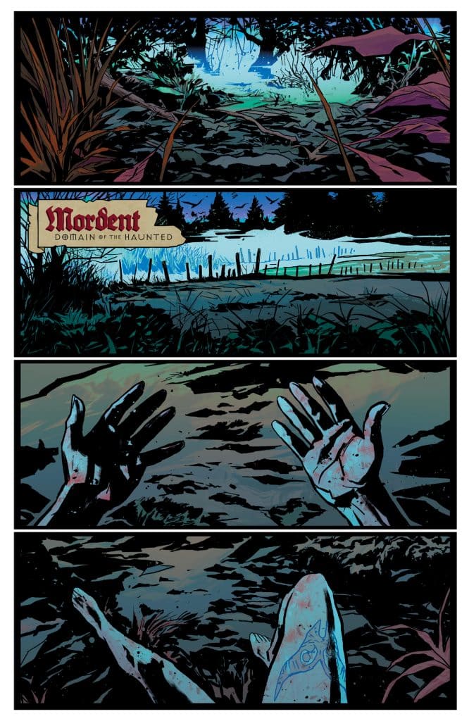 A dark, eerie landscape with dense foliage framing a misty clearing, featuring the title 'Mordent: Domain of the Haunted.'