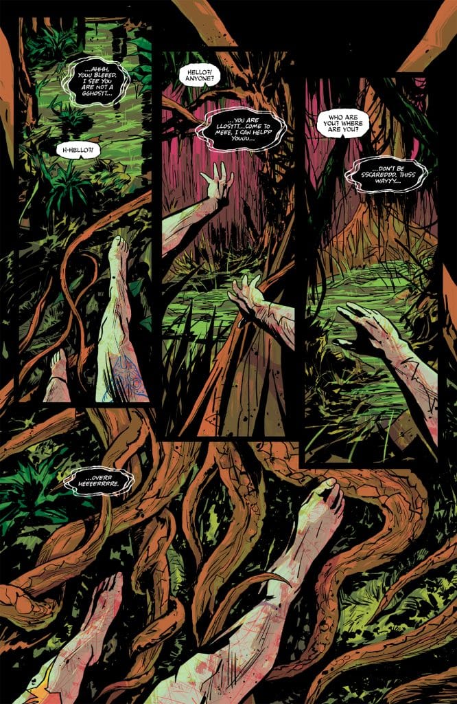A comic panel depicting a mysterious jungle setting with two humanoid hands reaching out. One hand looks frightened while the other appears comforting, with speech bubbles indicating a conversation about fear and assistance.