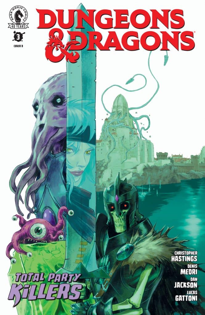 Cover of Dungeons & Dragons comic issue featuring a split design with a tentacled creature on the left, a mystical warrior in the center, and a skeletal knight on the right, with imagery of an ancient city in the background.