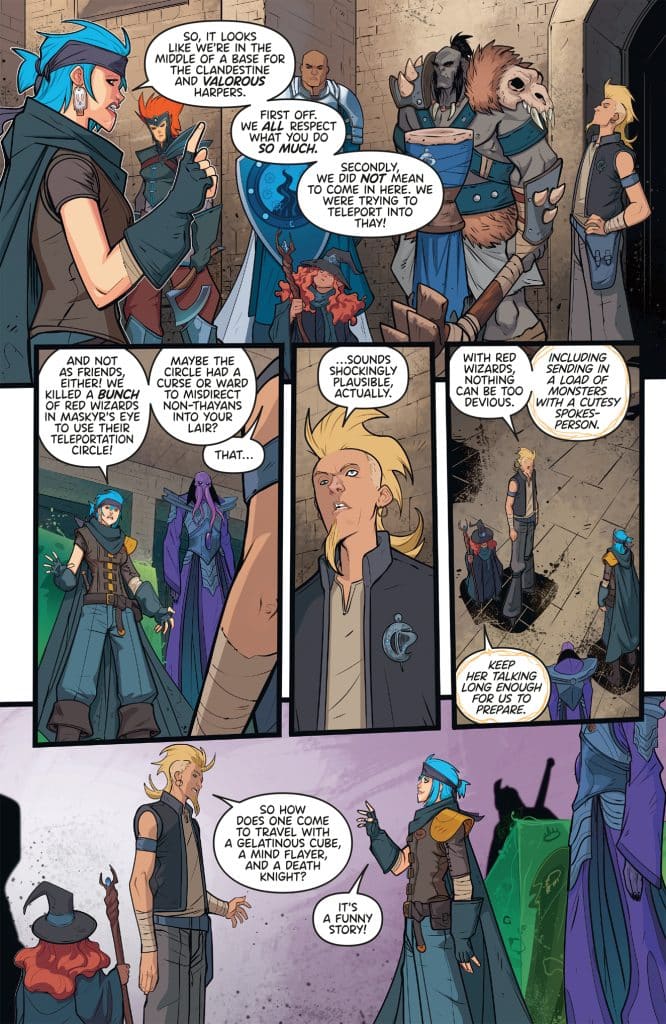 A group of diverse characters engaged in a conversation in a fantasy setting. One character with blue hair and a hood gestures while addressing others, including a large figure with an animal-like appearance and dark-cloaked individuals. They discuss teleportation and wizards in a light-hearted tone.