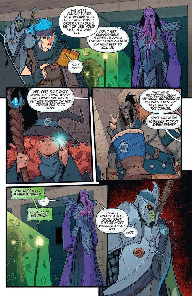 A group of fantasy characters engaged in a conversation, with one character looking concerned. Various characters display unique attire, suggesting different roles and abilities within a fantasy setting.