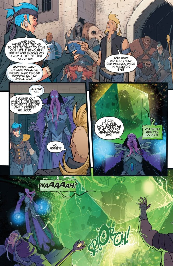 A comic panel featuring a group of diverse adventurers discussing their plans. One character, with blue hair, is speaking about saving their friend while another, with an octopus-like appearance, reveals a magical effect causing surprise and fear. The environment suggests a fantasy setting with stone walls and mystical elements.