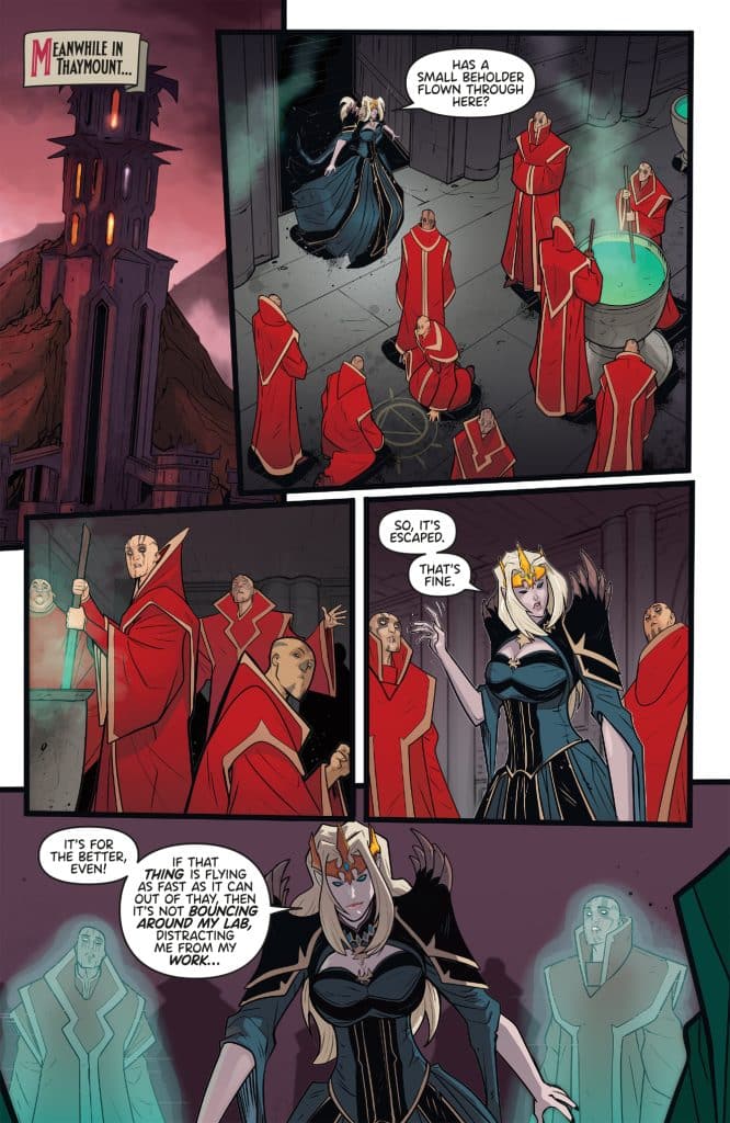 A dark fantasy comic scene depicting a sorceress in a black gown with a gold crown, speaking to a group of robed figures in red. The background shows a mystical laboratory with glowing elements and a tower in the distance.