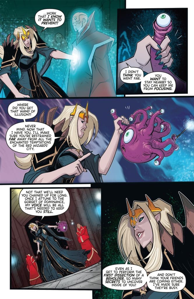 A fantasy comic scene featuring a powerful female character in black and gold attire holding a wand of illusion, speaking with a ghostly figure and a floating tentacled creature. The background depicts an archway, while the characters discuss magical secrets and abilities.