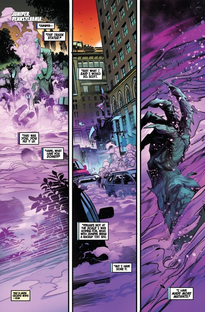 A comic book panel depicting a mystical scene in Juniper, Pennsylvania, featuring a statue emitting smoke, with urban buildings and cars in the background. Characters discuss the statue while a mysterious, clawed figure emerges from the mist.