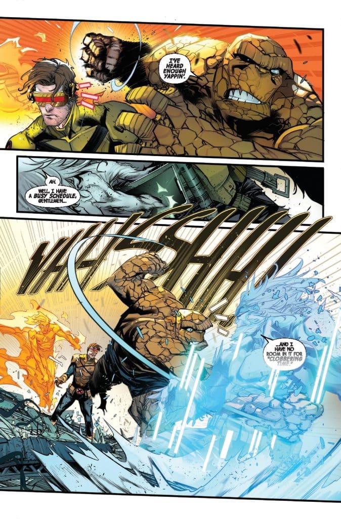 Comic panel featuring a confrontation between Cyclops and The Thing, with Cyclops using his optic blast while The Thing prepares to attack. Background displays dynamic action and energy, with additional characters visible.