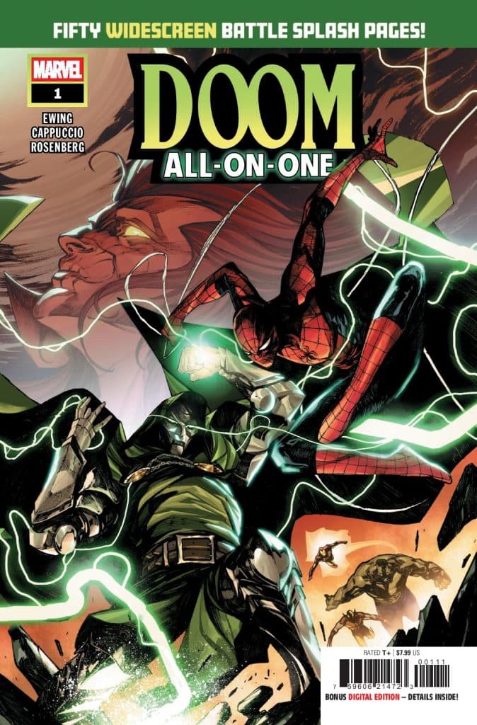 Cover of 'Doom All-On-One' comic book featuring Doctor Doom and Spider-Man in an action-packed scene, with vibrant colors and dynamic artwork.