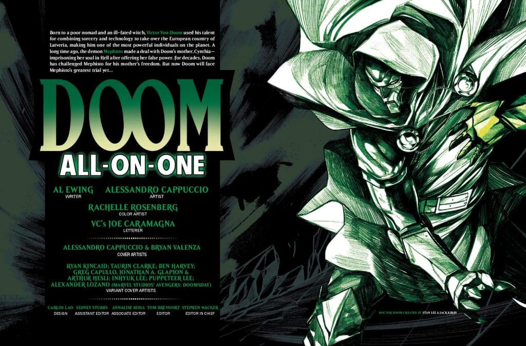 Cover page of 'Doom All-On-One' comic featuring Victor Von Doom in a dramatic pose, showcasing dark colors and intricate artwork. Includes credits for writer Al Ewing, artist Alessandro Cappuccio, and others.