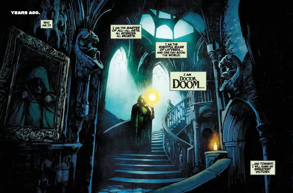 A dark, atmospheric comic book scene featuring a cloaked figure holding a glowing orb, standing on a staircase. The background includes gothic architecture, statues, and a portrait, with text indicating the figure is Doctor Doom, speaking about power and ambition.