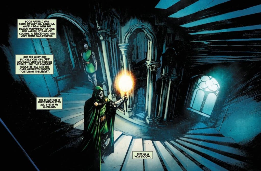 A dark, atmospheric scene depicting a cloaked figure holding a glowing orb in a dimly lit stairwell, with ornate architecture and a figure in the background, suggesting a narrative of conflict and emotional tension.