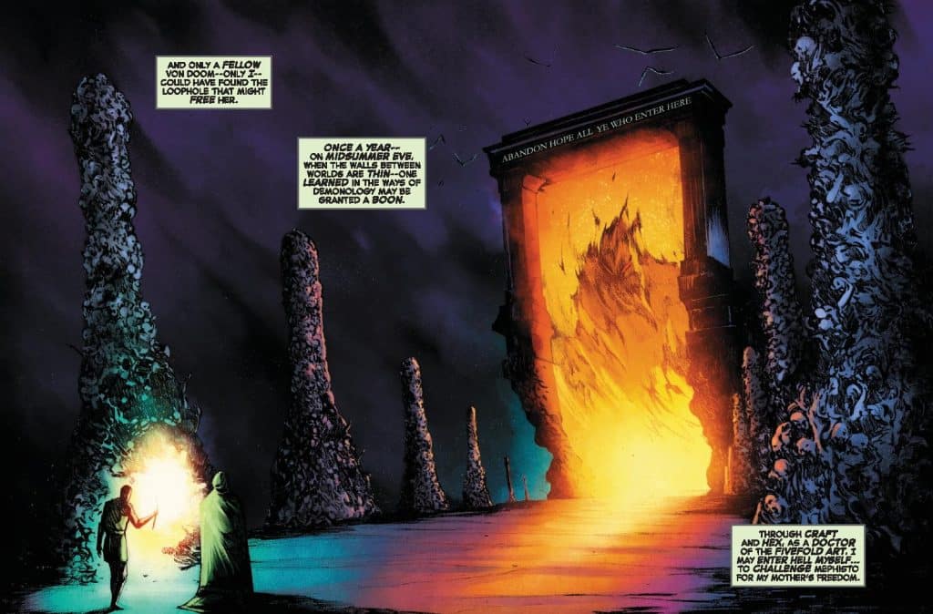 A dark, mystical scene depicting a character standing before a fiery portal labeled 'ABANDON HOPE ALL YE WHO ENTER HERE.' Surrounded by towering, ominous stone structures and twisted figures, the atmosphere is eerie and foreboding.