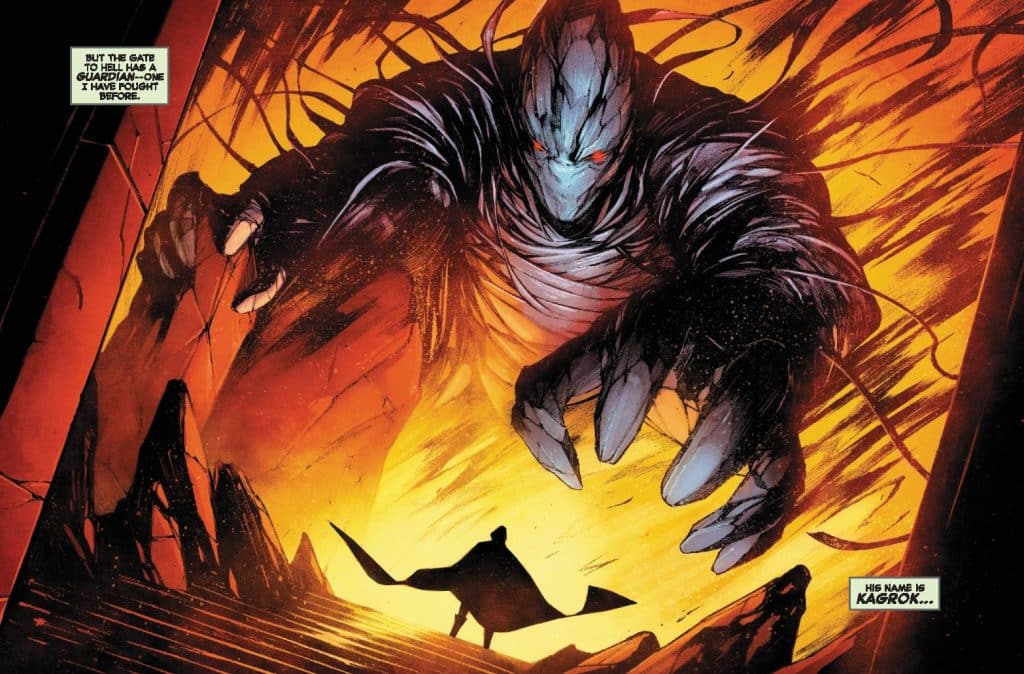 A dark, imposing figure looms over a smaller character in a fiery setting, with glowing red eyes and elongated claws, hinting at a supernatural entity named Kagrrok guarding a gate to hell.