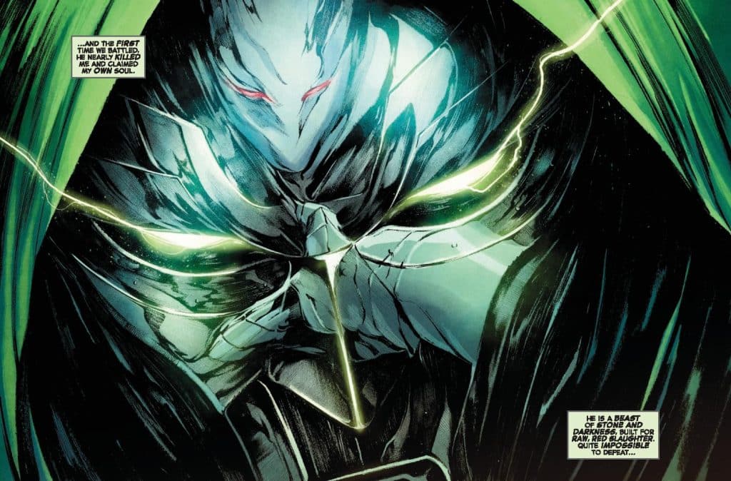 A close-up of a menacing character with glowing eyes and a dark, shadowy appearance, surrounded by green energy, illustrating a powerful and ominous presence.