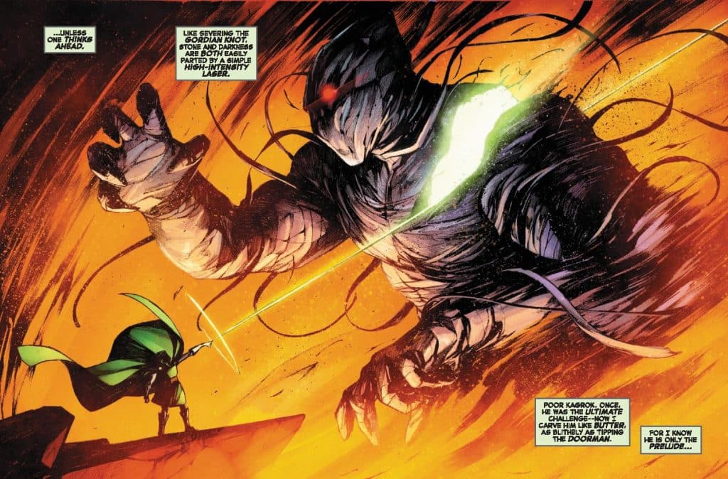 A small figure in a green cloak stands defiantly before a massive shadowy creature, highlighting the contrast between the two. The background features swirling orange and black colors that create a dramatic atmosphere, emphasizing the tension of the scene.