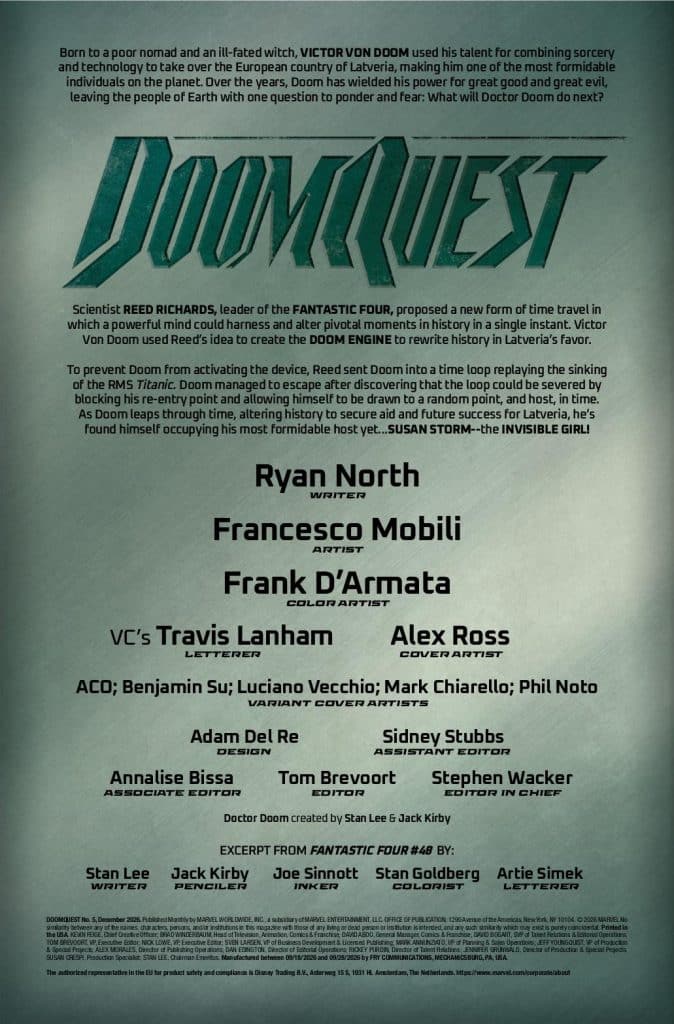 An announcement poster for 'Doom Quest,' detailing the storyline of Victor Von Doom and Reed Richards from the Fantastic Four, featuring credits for the writer, artist, and other contributors.