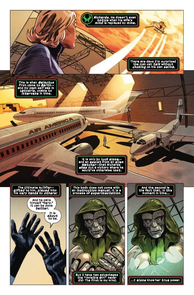 Comic book panel featuring a female character with blonde hair and a dramatic backdrop, including airplanes and a helicopter, discussing themes of power and control.