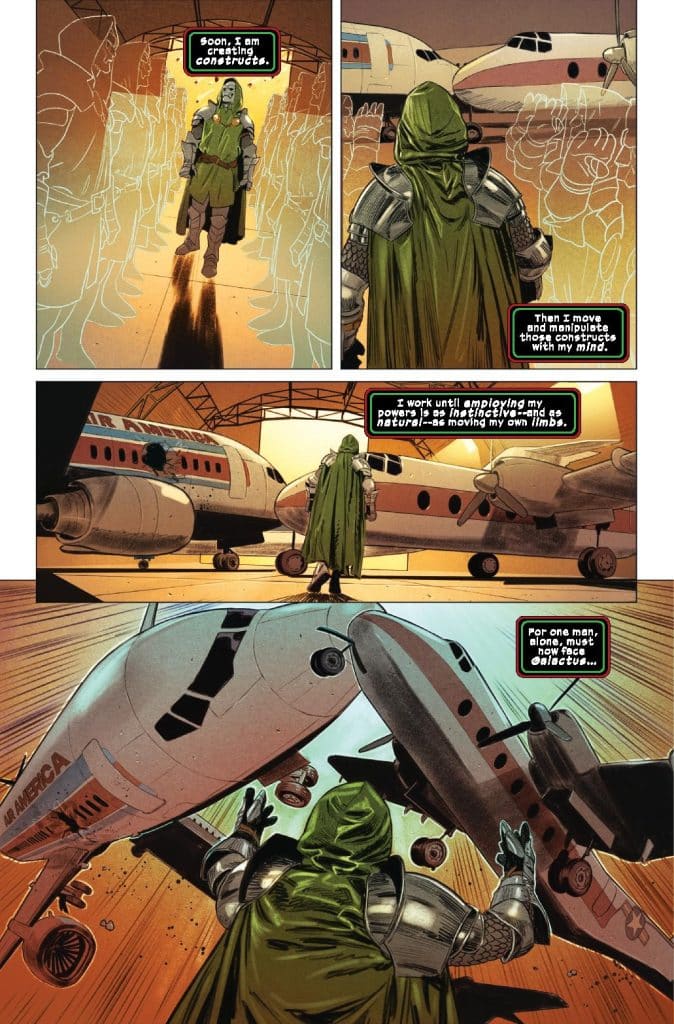A figure in a green cloak and armor stands in a large hangar, surrounded by ghostly outlines of constructs. The character appears to be manipulating aircraft with their mind, expressing confidence in their abilities.