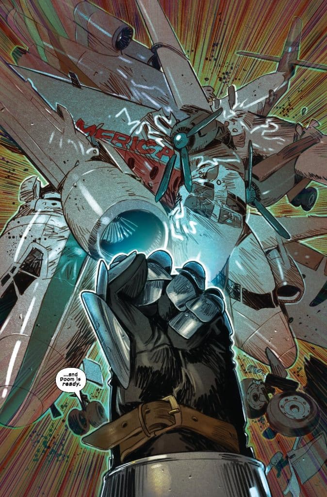 An illustrated scene featuring a dynamic, explosive background with a raised gloved fist in the foreground, symbolizing power. An airplane is depicted crashing or being destroyed in the background, conveying themes of conflict and destruction.