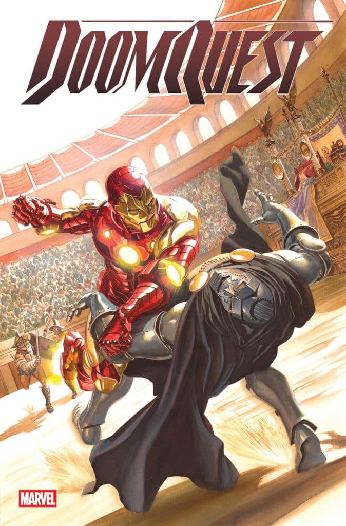 Iron Man battling Doctor Doom in an arena under a domed ceiling, surrounded by a cheering crowd.