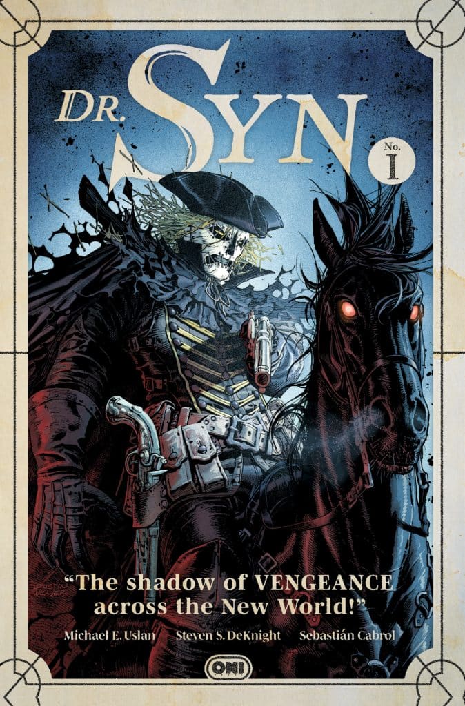 Cover of 'Dr. Syn' No. 1 featuring a skeletal figure in a pirate costume riding a black horse, with ominous text below.