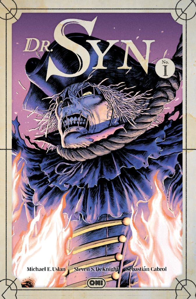 Cover of 'Dr. Syn' comic book featuring a scarecrow figure with a skull head, surrounded by flames and eerie purple hues.