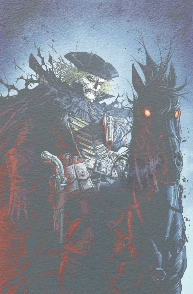 A skeletal figure in a black cloak and a tricorn hat holds a gun, riding a dark horse with glowing red eyes, set against a smoky, mysterious background.