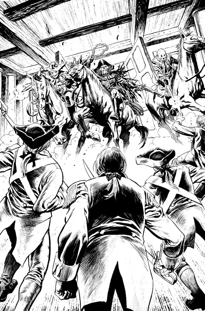 A tense scene depicting armed figures confronting horseback riders bursting through a doorway, illustrated in dramatic black and white style.
