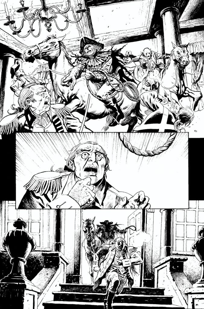A chaotic scene depicting a group of individuals on horseback charging through a building, with one person in the foreground appearing shocked and surprised. The setting includes a chandelier and ornate stairway.