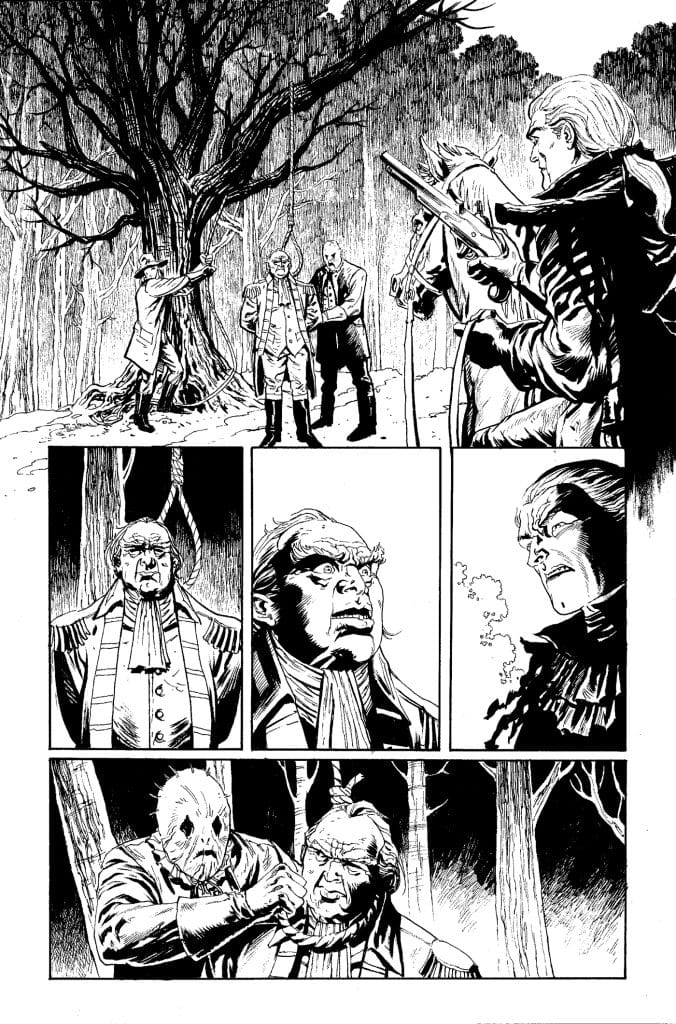 A black and white comic style illustration featuring three characters near a large tree with a noose. The scene depicts tension, with one character holding a weapon on horseback while another is tied up. Various expressions of fear and authority are shown through close-up panels.