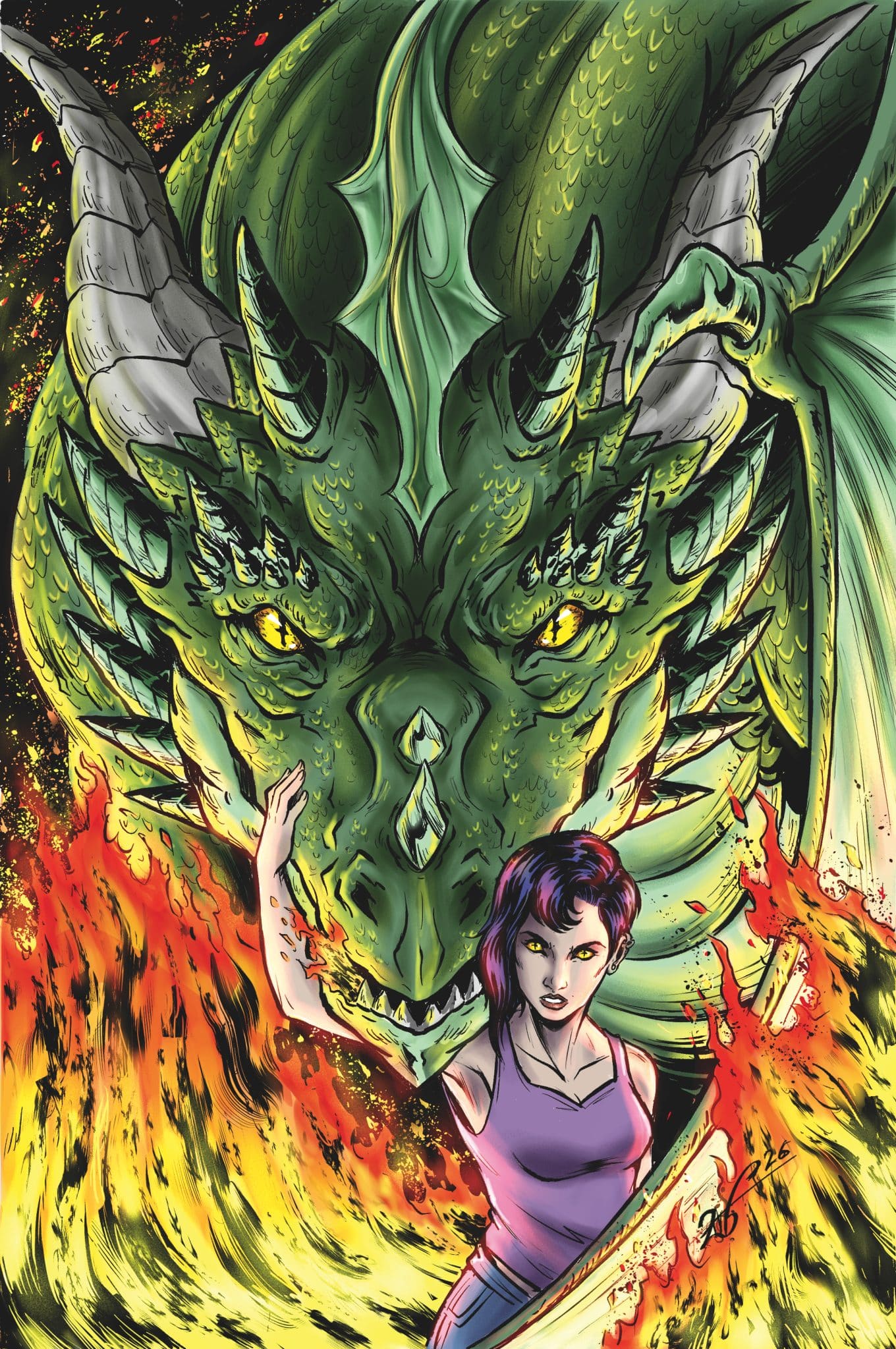 An empowered young woman stands confidently in front of a massive green dragon, with flames erupting around them, showcasing a dynamic fantasy scene.