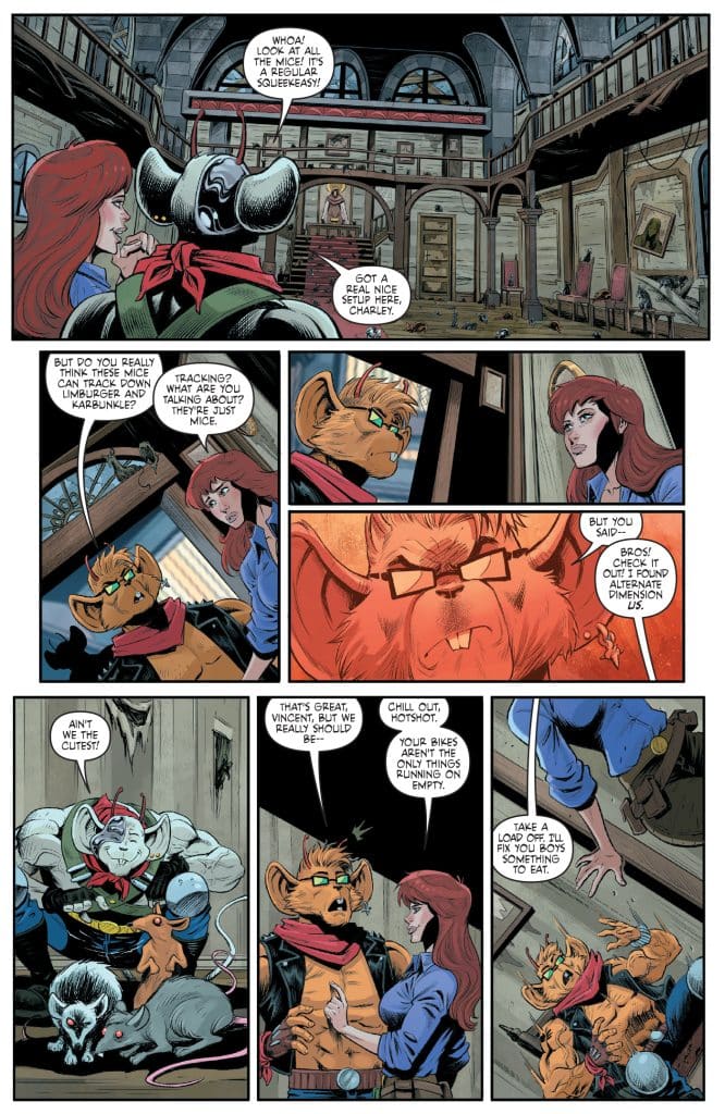 A comic book page featuring anthropomorphic animal characters discussing their surroundings. The scene includes a variety of mice and a setting resembling a rustic, old building with wooden structures. One character is a mouse with a bandana, while a cat-like character wears glasses and talks with a female character who appears concerned.