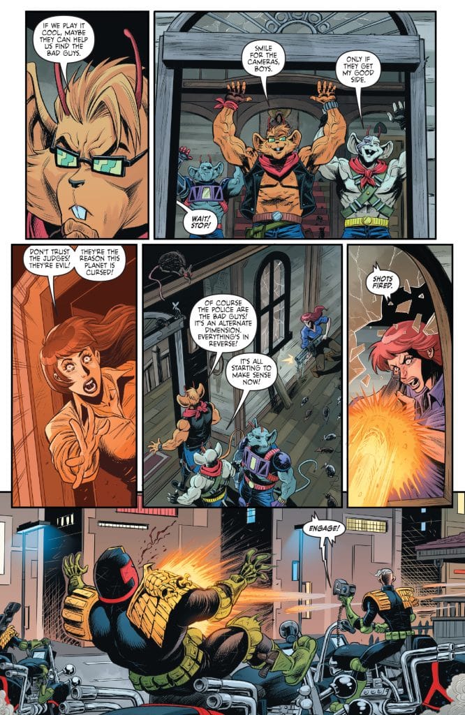 Comic page featuring anthropomorphic characters, including a cat-like figure and a frog-like character; a woman expresses alarm while characters prepare for action amidst chaos.