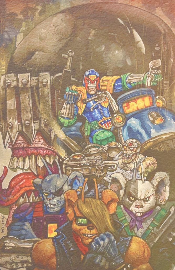 A colorful illustration featuring a group of anthropomorphic characters: a law enforcement figure in a blue uniform, flanked by various animal-like companions, including a blue dog, a gold rabbit, and a grey cat, all set in a gritty, comic-book style environment.