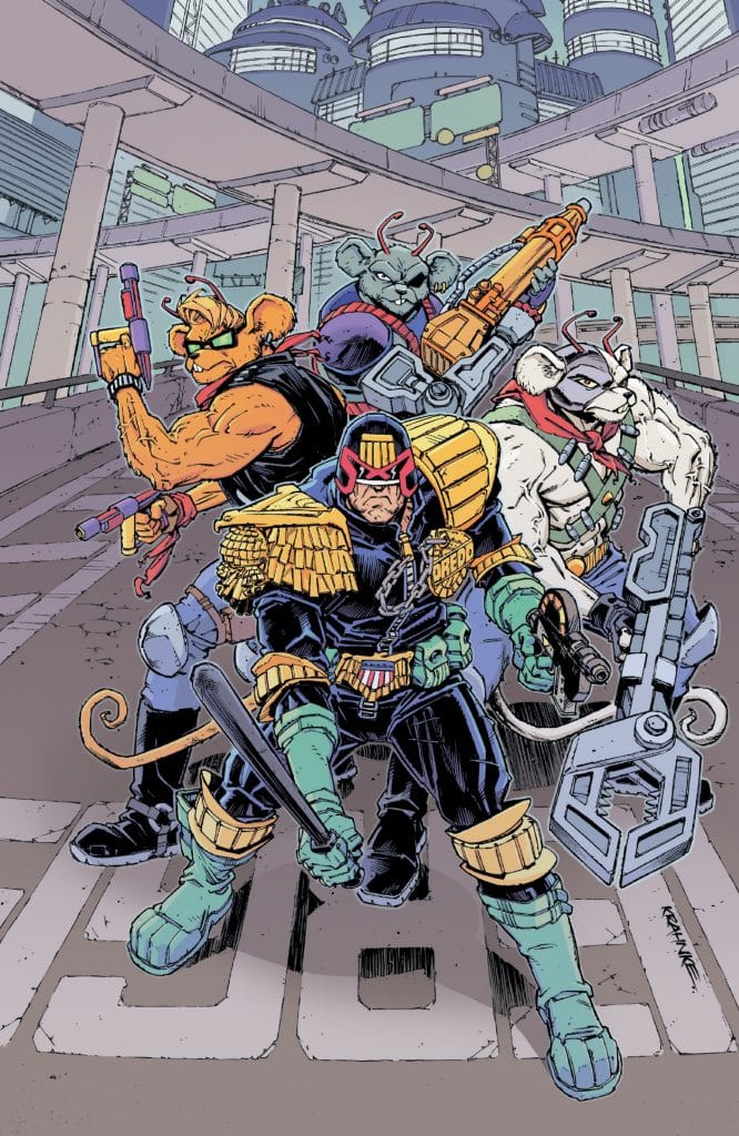 Four anthropomorphic characters, dressed as law enforcers, stand in a futuristic urban setting. They are holding various weapons and have distinct features, showcasing a blend of action and comic style.