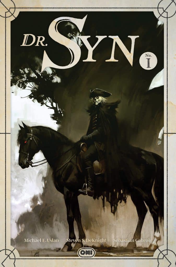 Cover of 'Dr. Syn' comic book featuring a skeletal figure in a pirate hat on a black horse against a dark, atmospheric background.