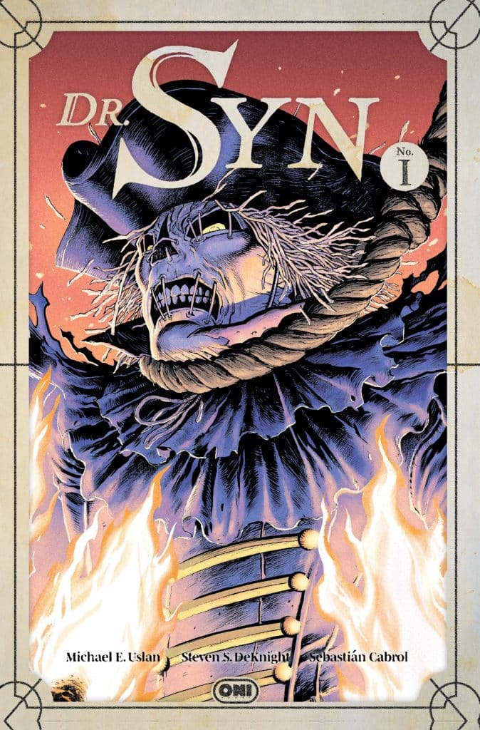 Cover image of 'Dr. Syn' No. 1 featuring a sinister scarecrow figure with a skull face, wearing a hat, and surrounded by flames.