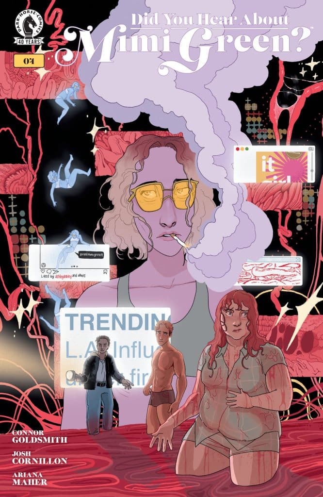 Comic book cover featuring the title 'Did You Hear About Mimi Green?' with stylized illustrations of characters, including a woman with red hair and a man in casual clothing. Background elements include colorful graphics and text overlays, depicting social media themes.