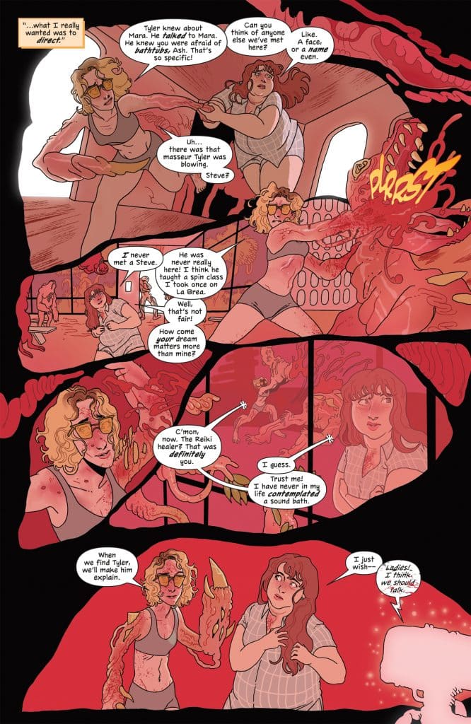 A comic panel featuring two characters discussing a third character named Tyler. One character wears glasses and has curly hair, while the other has wavy hair and is depicted in a contemplative pose. They are situated in a room with abstract, monstrous imagery in the background, indicating a surreal atmosphere.