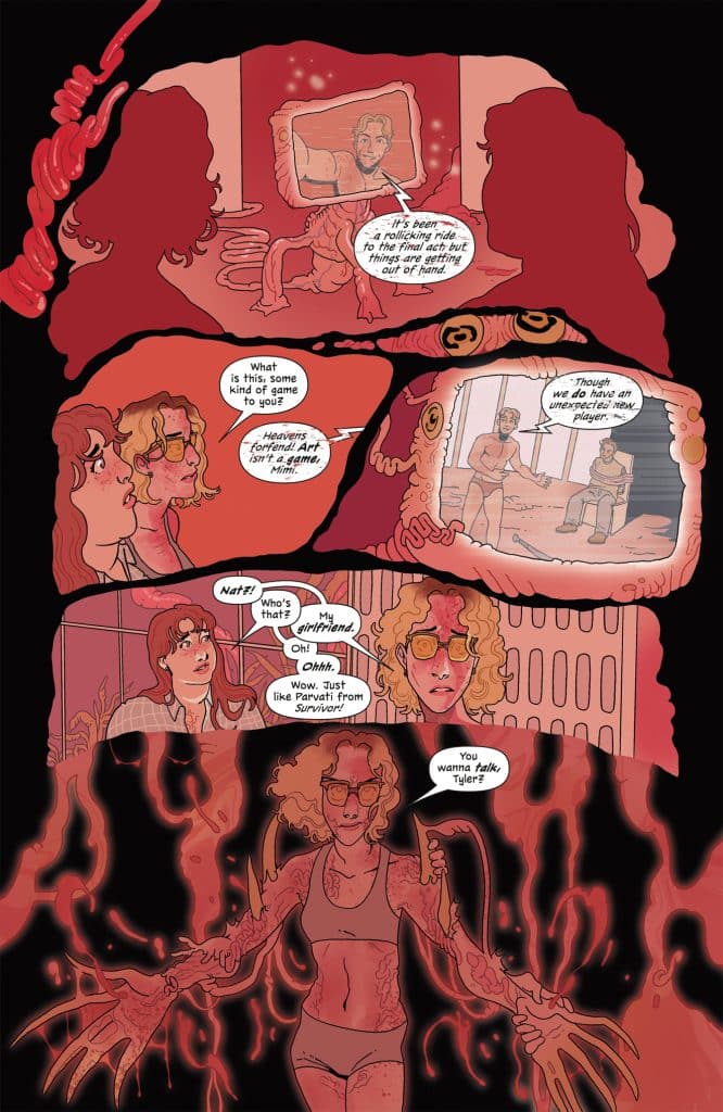A comic panel featuring two women watching a TV that displays a man talking. One woman expresses confusion about a game, while the other refers to her girlfriend. The lower part shows a woman with glowing, tentacle-like arms in a dramatic pose.