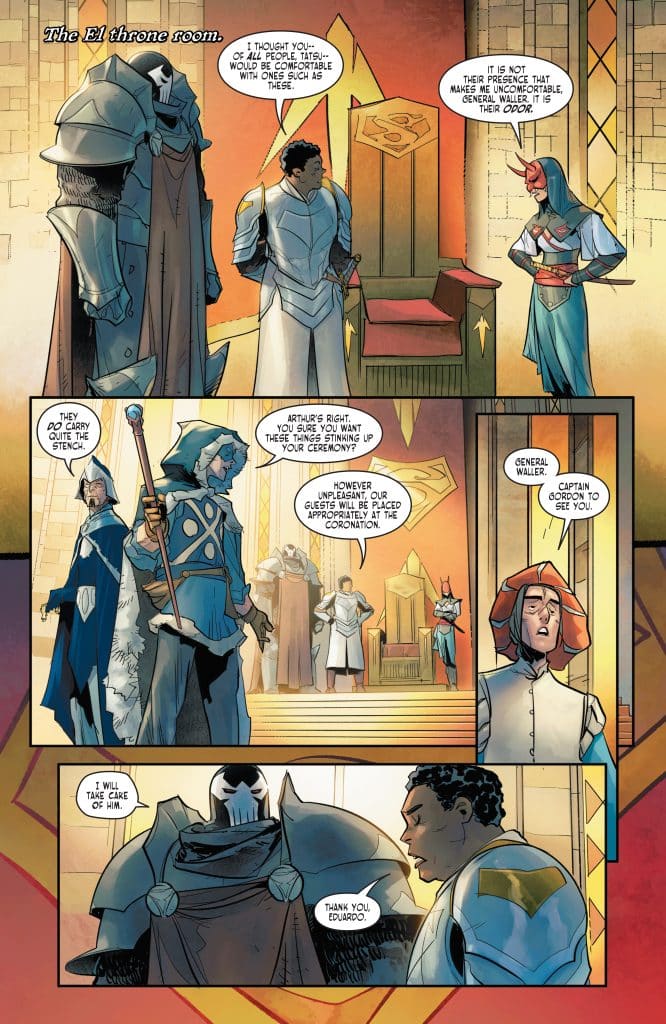 A scene in the E1 throne room featuring a group of characters in various costumes. A figure in armor stands to the left, while another character in a suit discusses the ceremony with a person in a blue outfit. The throne, adorned with symbols, is visible in the background.