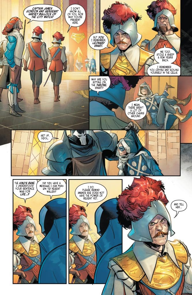 A comic book panel featuring characters in a medieval-like setting. One character, wearing a distinctive helmet with red plumes, sits on a throne while others in the background, dressed as guards, converse. Dialogue references their past and current situations, depicting a blend of humor and tension.
