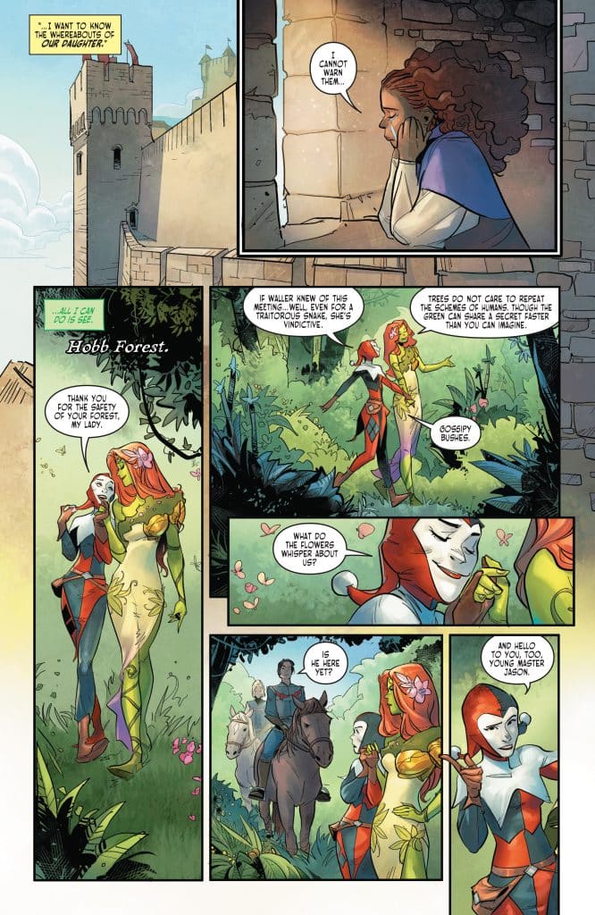 A comic page depicting a dialogue between characters in a forest setting. One character appears to be worried while another is speaking about trees and gossiping about flowers. The scene includes colorful illustrations of characters dressed in vibrant costumes, with a horse and a hint of a castle in the background.