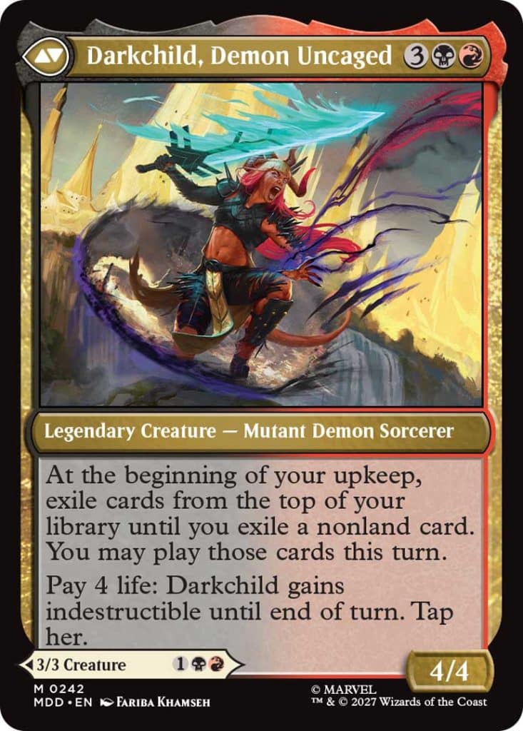 Illustration of Darkchild, Demon Uncaged, a legendary mutant demon sorcerer character, wielding a glowing sword with vibrant colors in the background, depicting a fantastical scene.