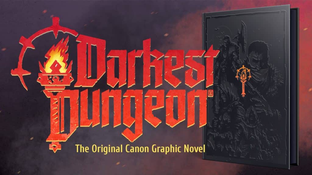 Cover of the graphic novel 'Darkest Dungeon', featuring the title in bold red letters with a torch icon and an illustration of characters from the series.
