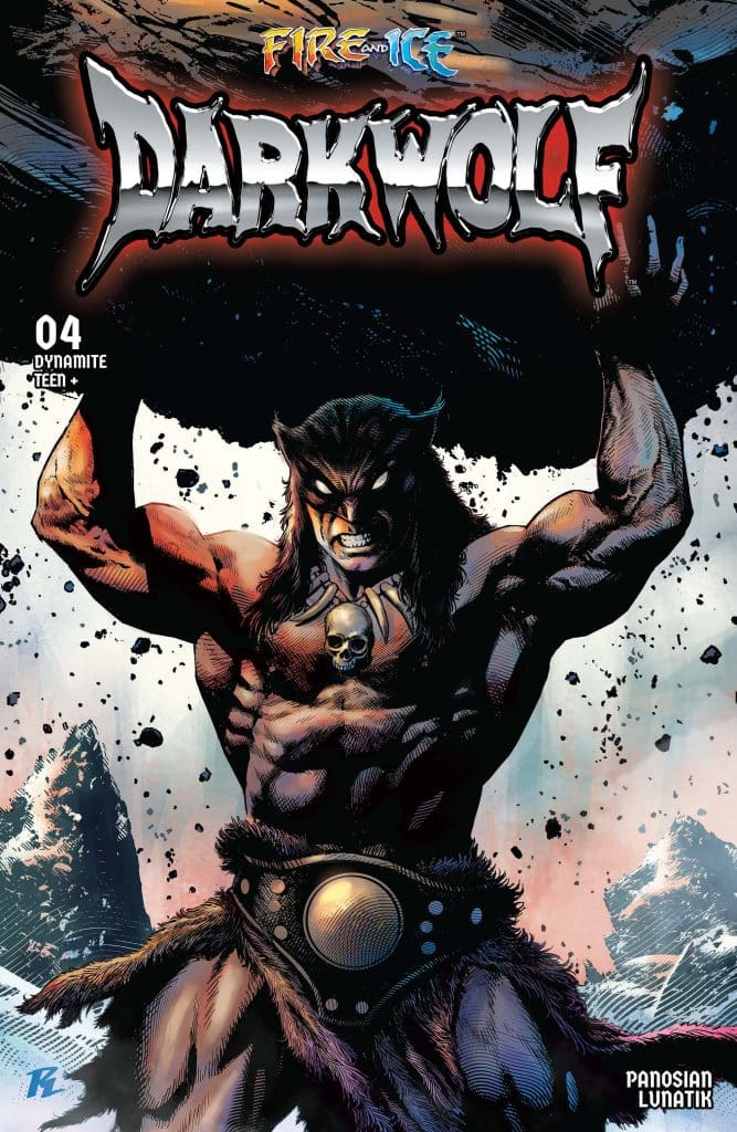 Comic book cover featuring the character Darkwolf, showcasing a muscular figure with long hair, wearing a furry costume and holding a skull, set against a dramatic rocky landscape.