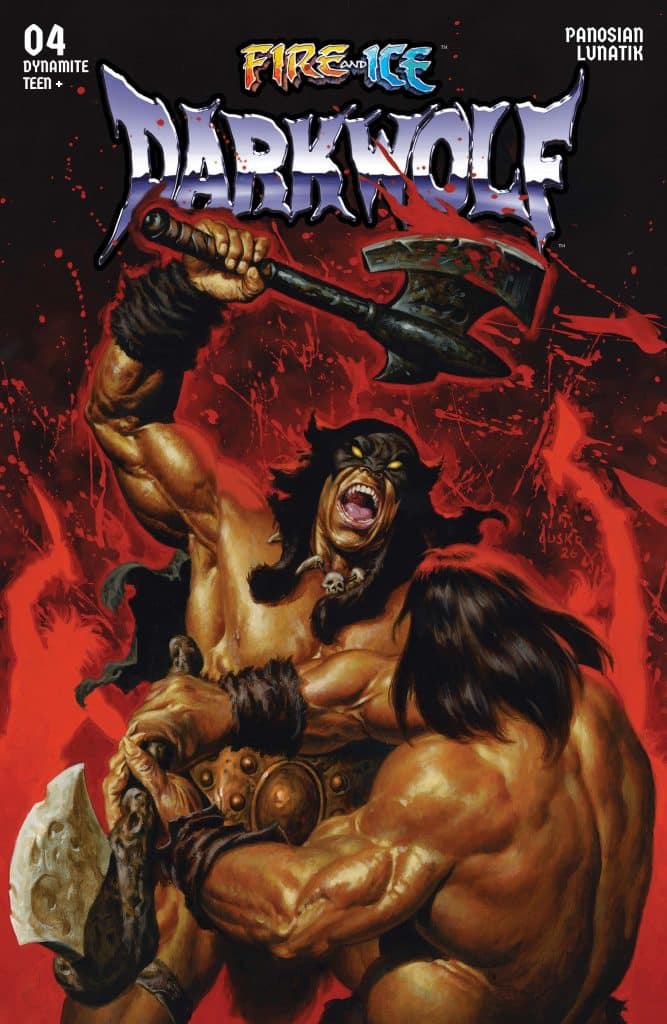 Cover of the comic book 'Darkwolf #04' featuring two muscular warriors in a dynamic battle scene, one wielding an axe and the other engaging in a close confrontation, with a dramatic red background.