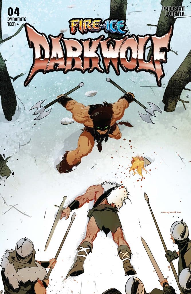Cover art for the comic 'Fire and Ice: Darkwolf' featuring a muscular warrior with weapons in a snowy forest, surrounded by characters wielding spears.