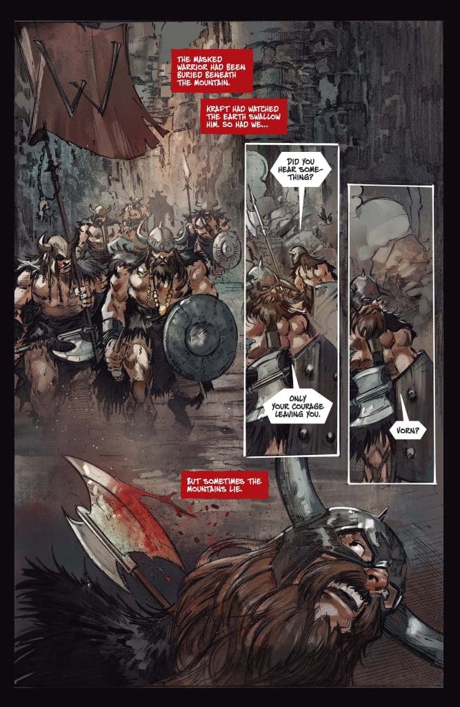 A comic book page featuring a group of armored warriors with masks and furs, standing in a rocky environment. The scene includes dialogue bubbles discussing a buried warrior and potential dangers, with a focus on themes of courage and deception.