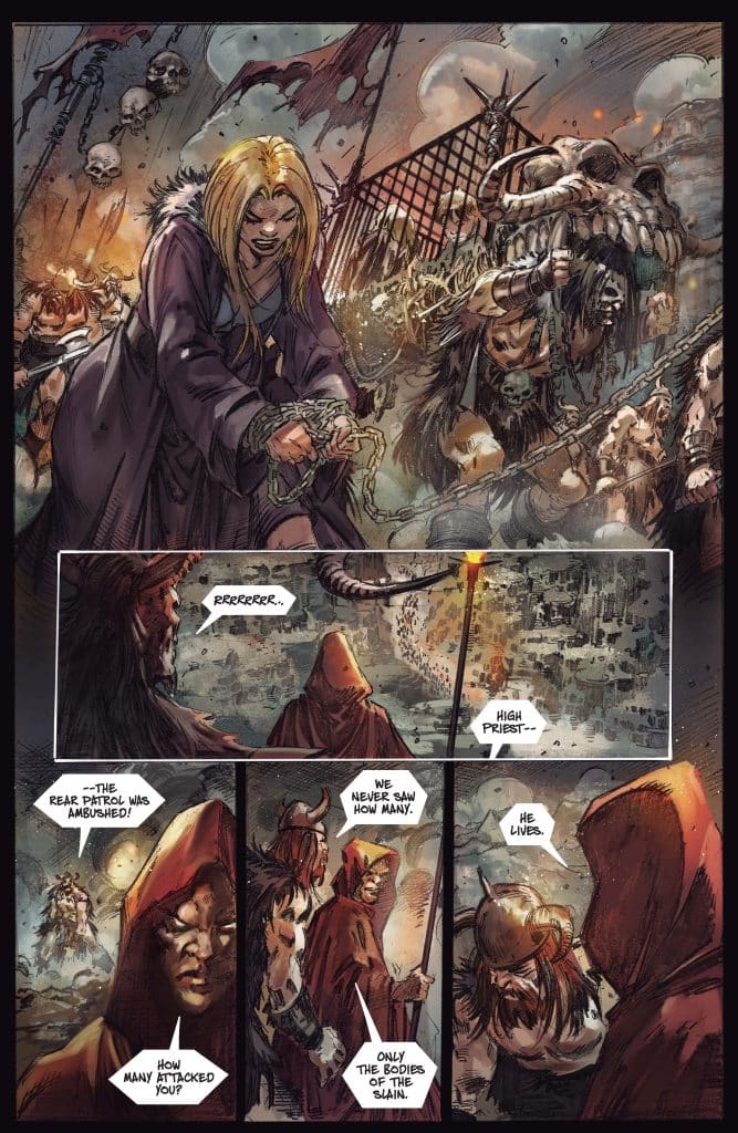 A dramatic comic book scene showing a high priest surrounded by ominous figures, with a mix of tension and fear in the atmosphere. The high priest is interacting with a hooded figure, while in the background, chaotic and dark elements, including skulls and chains, enhance the fantasy theme.