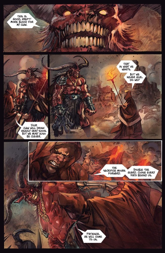 A dark fantasy comic panel featuring a fearsome demon with large horns and sharp teeth, speaking with a muscular warrior adorned with armor and jewelry. In the background, a hooded figure with a staff observes the scene. The atmosphere is intense, with a burning landscape that adds to the ominous feeling.